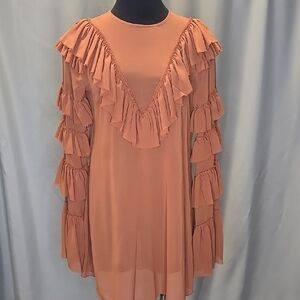 Rubber Ducky Production Mocha Mousse Ruffled Sleeves Boho Mini Dress